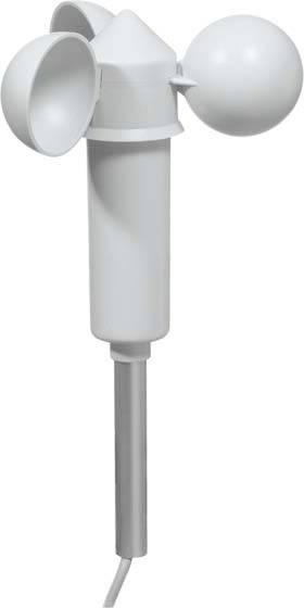 Ein grauer, rotierender Anemometer mit drei halbkugelförmigen Schalen zur Messung der Windgeschwindigkeit und -richtung.