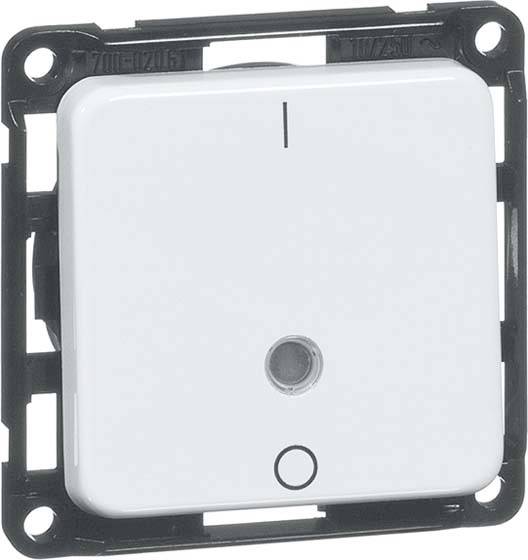 Lichtschalter mit rechteckigem weißen Schalter und kleinem kreisförmigem Sensor in der Mitte für eine intelligente Steuerung.