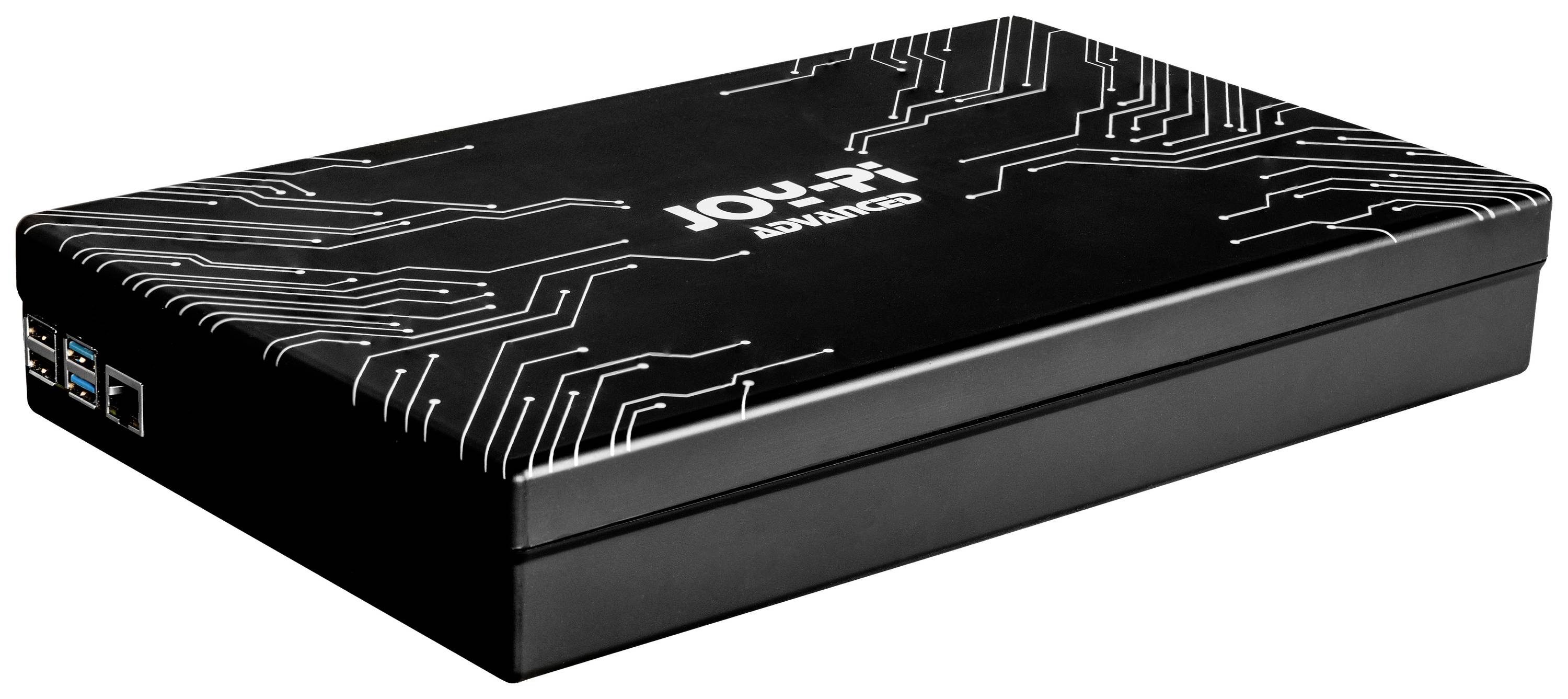 Ein schwarzes Gehäuse mit der Aufschrift 'JOY-IT ADVANCED', verziert mit weißen Schaltplanlinien.