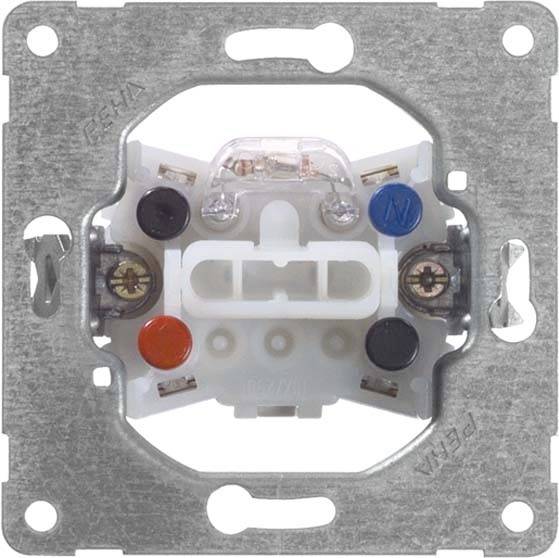 Schalterdose mit farbcodierten Anschlüssen: Rot, Blau, Schwarz, Weiß, an Metallplatte befestigt. Elektronische Verbindungsstelle.