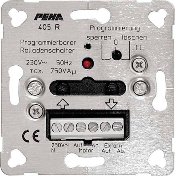 Programmierbarer Rolladenschalter mit Tasten zum Sperren und Löschen. Zeigt Anschlüsse, Spannung (230V), Frequenz (50Hz), max. 750VA.