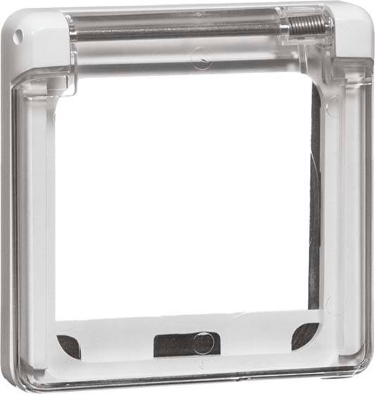 Ein transparenter, quadratischer Kunststoffrahmen, der für den Schutz von Schaltern oder Steckdosen vor Wasser und Staub verwendet wird.