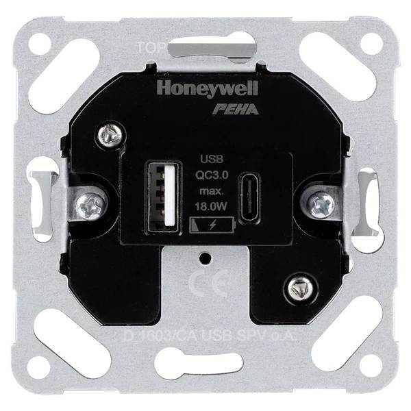 Weiße Steckdose mit USB-Anschluss, Marke Honeywell PEHA, max. 18,0W. Geeignet für die Montage an der Wand.
