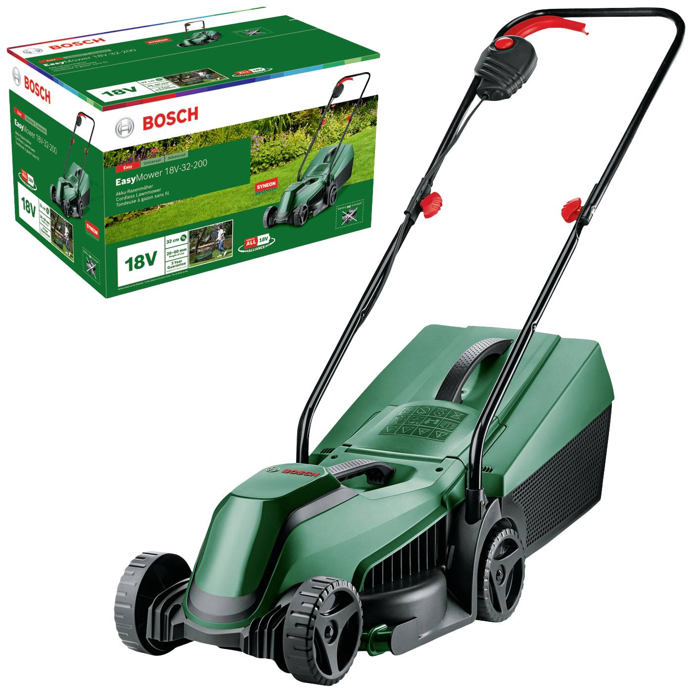 Ein grüner Bosch Rasenmäher mit schwarz-rotem Griff, Modell 'EasyMower 18-32-200', gezeigt neben seiner Verpackung.