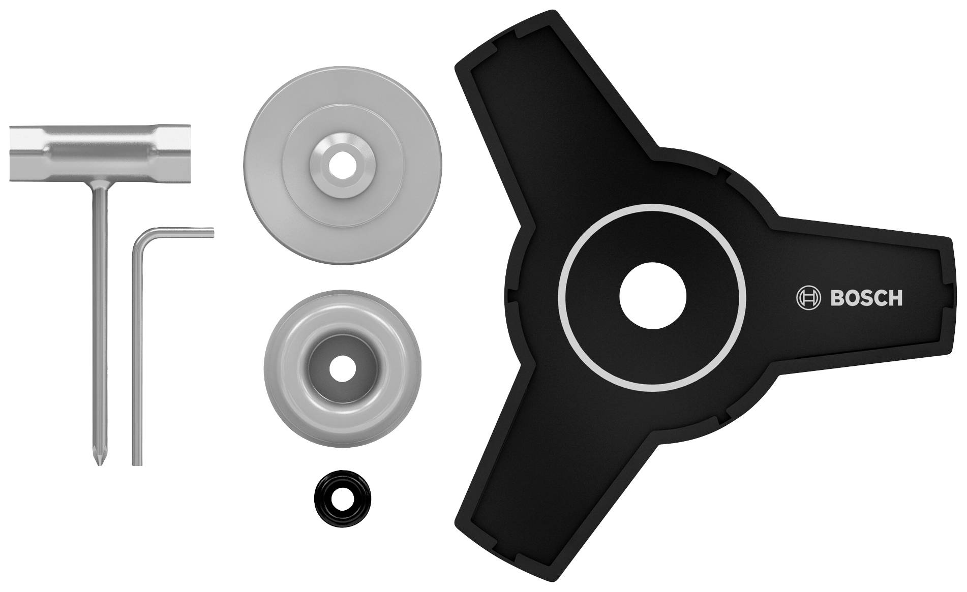 Bosch Multi-Adapter-Set für Freischneider, bestehend aus drei Klingen, Adapter und Schaft. Geeignet für diverse Schneidarbeiten.