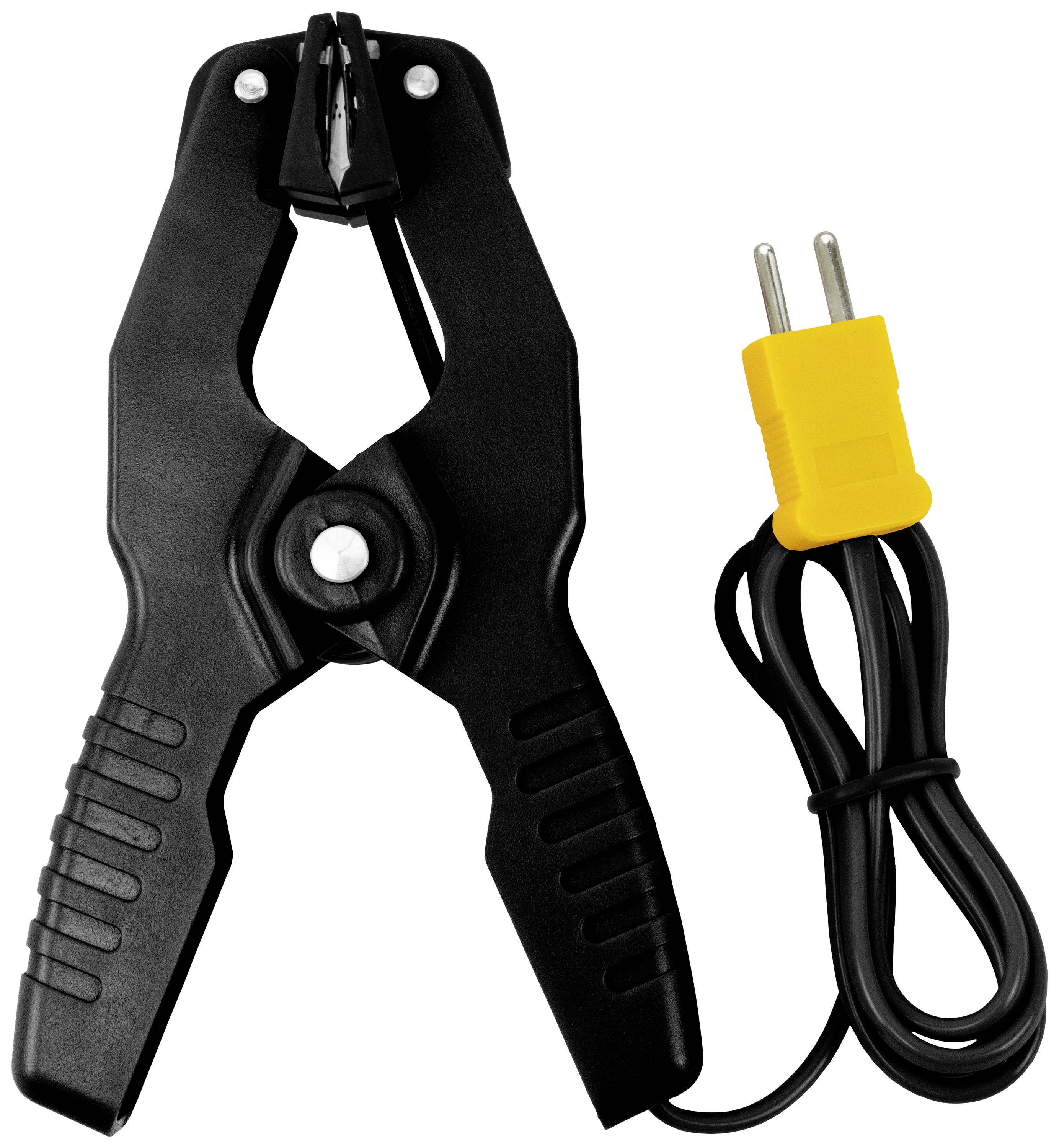 Schwarze Klammerzange mit angebrachtem gelbem Stecker und schwarzem Kabel. Geeignet zur Verbindung oder Befestigung in technischen Anwendungen.