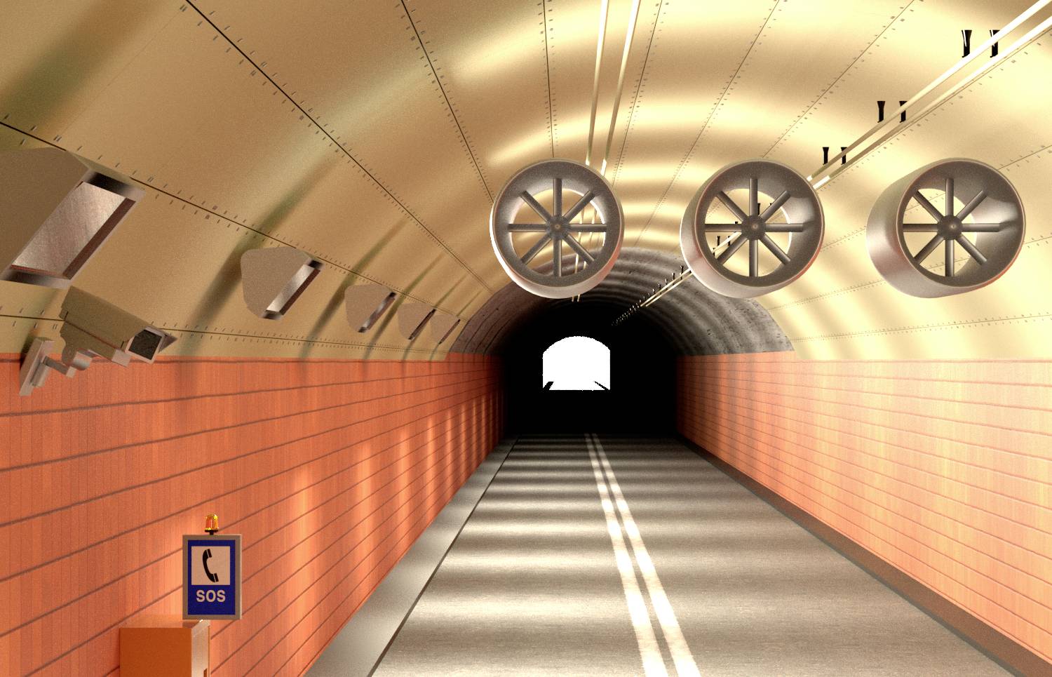 Innenansicht eines beleuchteten Tunnels mit SOS-Telefon auf der linken Seite und Belüftung an der Decke.