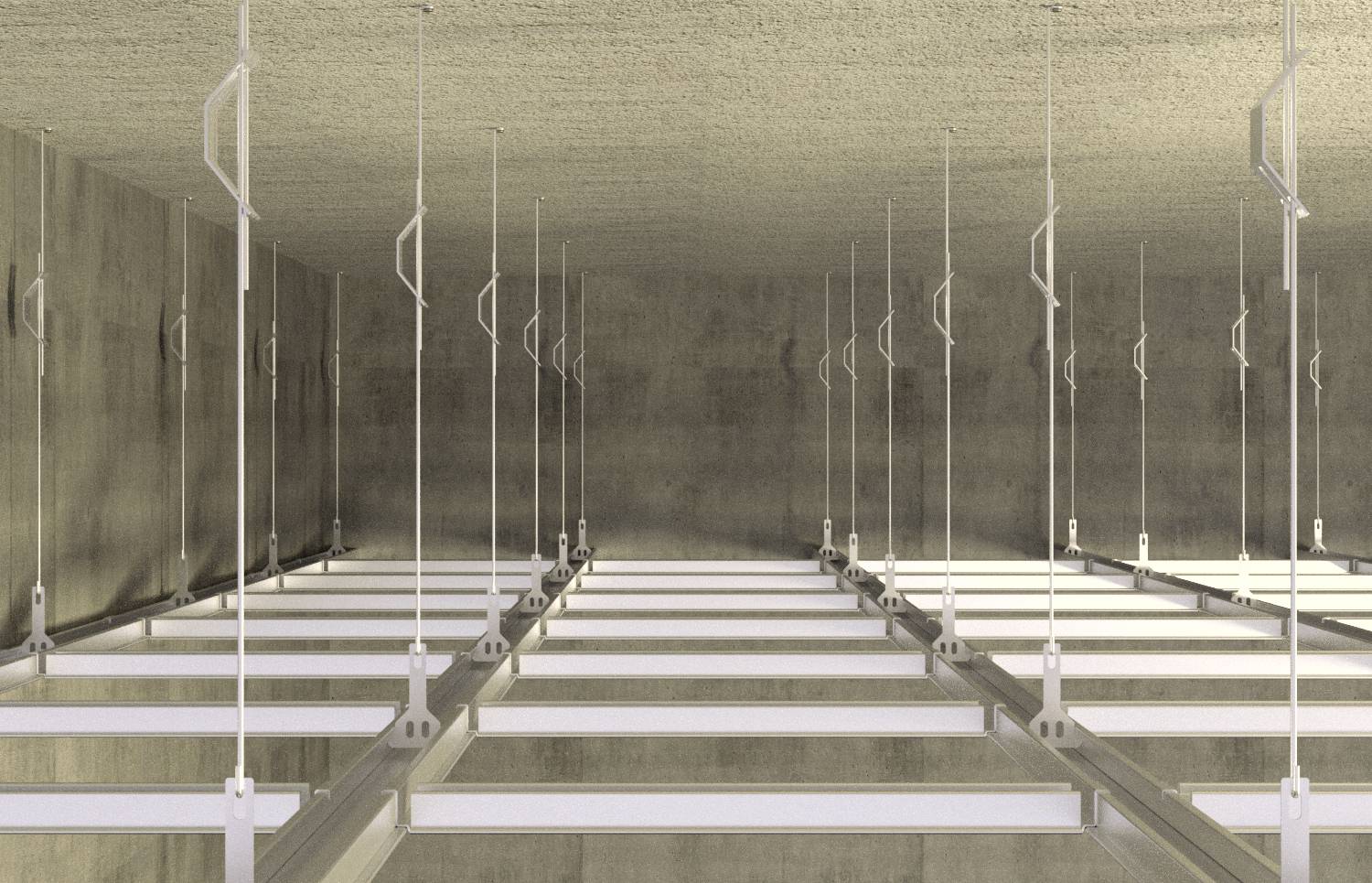 Metallrahmen und hängende Drähte für eine abgehängte Decke in einem Rohbau, strukturiert, ohne Deckenplatten installiert.