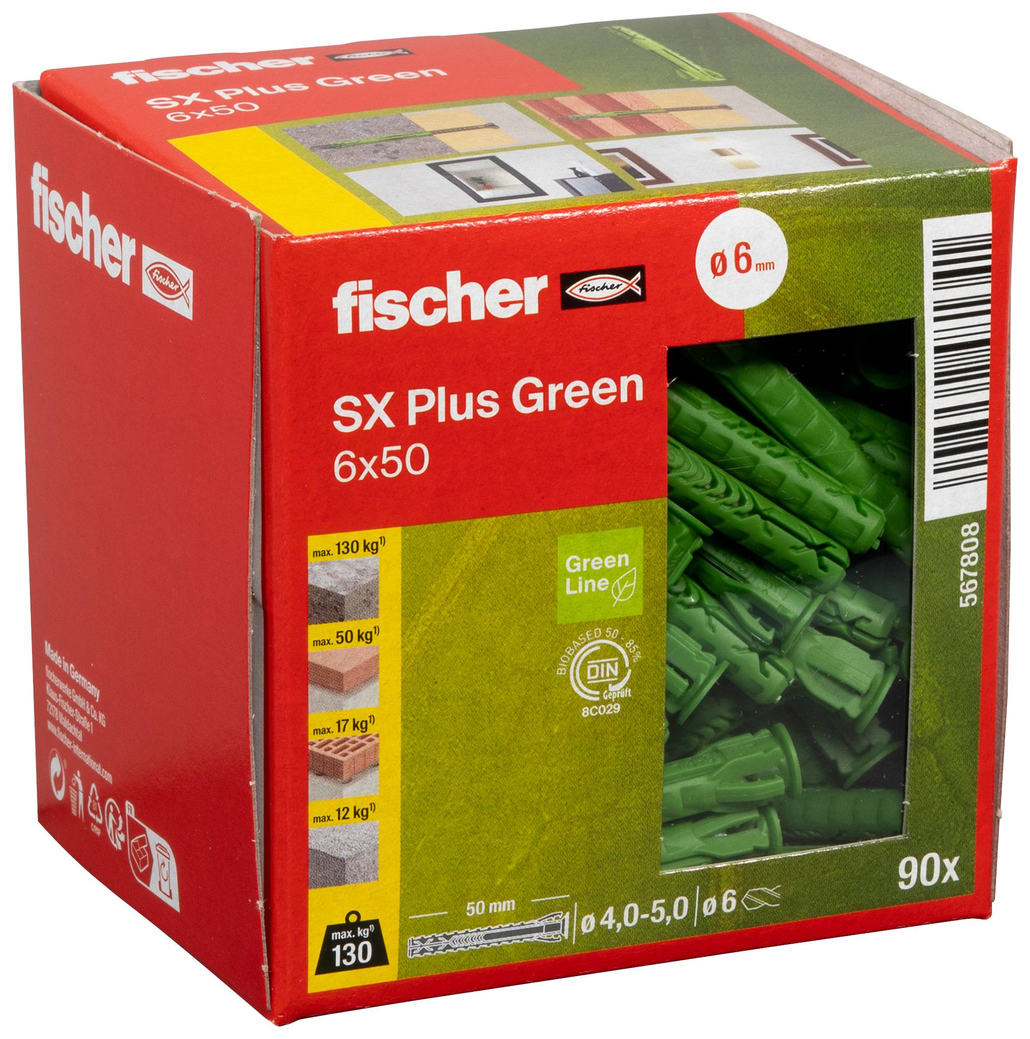 Schachtel mit Fischer SX Plus Green 6x50 Dübeln, zeigt grüne Kunststoffanker durch ein klares Fenster, 90er-Pack.