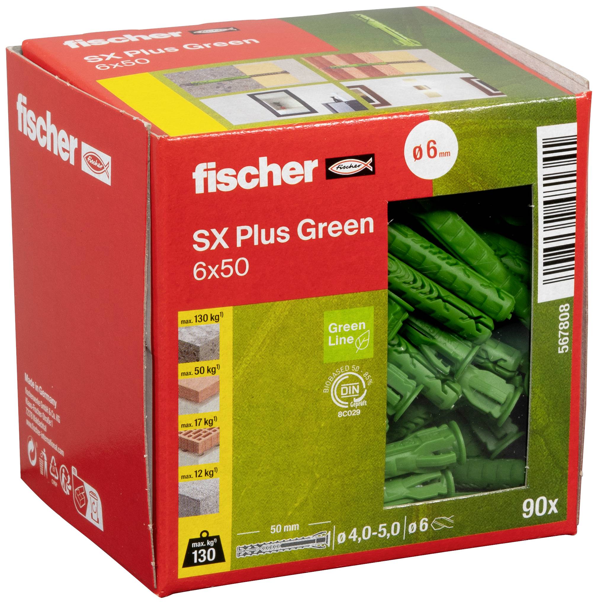 Rote Verpackung mit der Aufschrift 'fischer SX Plus Green 6x50'. Enthält 90 grüne Dübel. Geeignet für Lasten bis 130 kg.