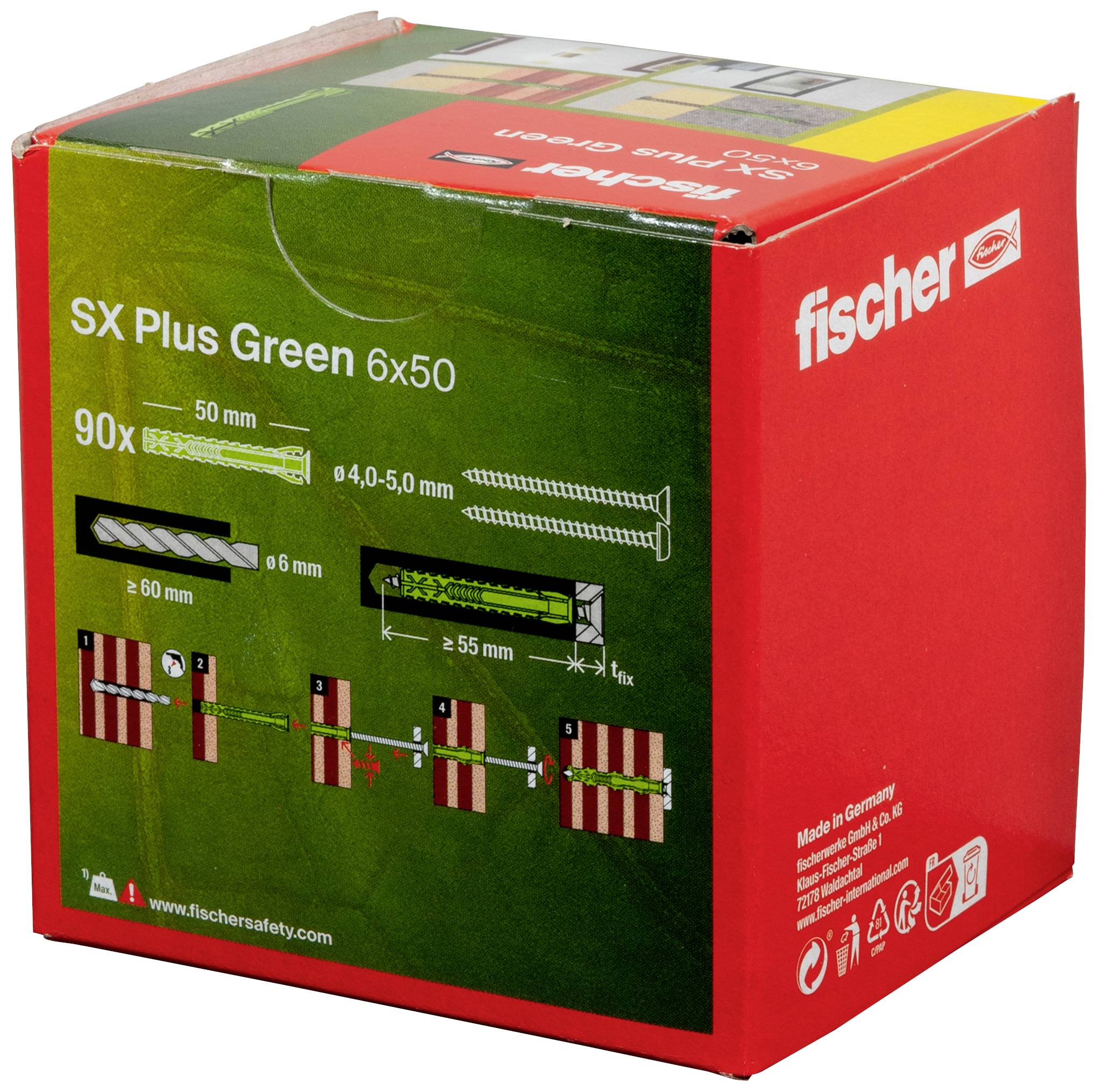 'Fischer SX Plus Green 6x50' Dübel-Set Verpackung mit 90 Stück. Illustration zeigt Montage für Holz- und Spanplattenschrauben. Made in Germany.