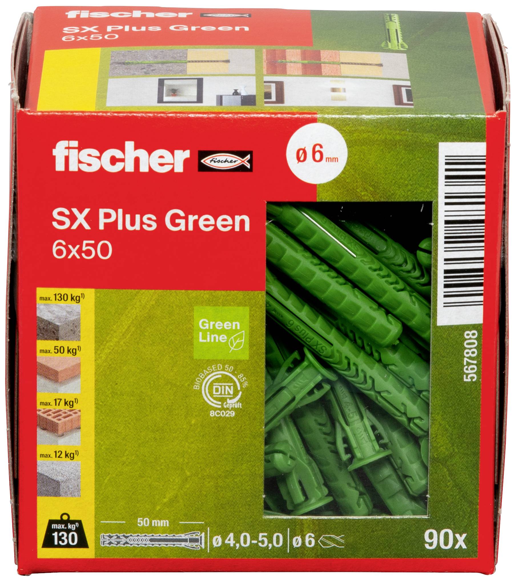 Verpackung von fischer SX Plus Green 6x50 Dübeln, zeigt 90 grüne Dübel mit technischen Details und Anwendungsinformationen.