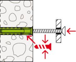 Abbildung eines Dübels in einer Wand, mit Schraube und Richtungsanweisungen zum Festziehen der Schraube im Dübel.