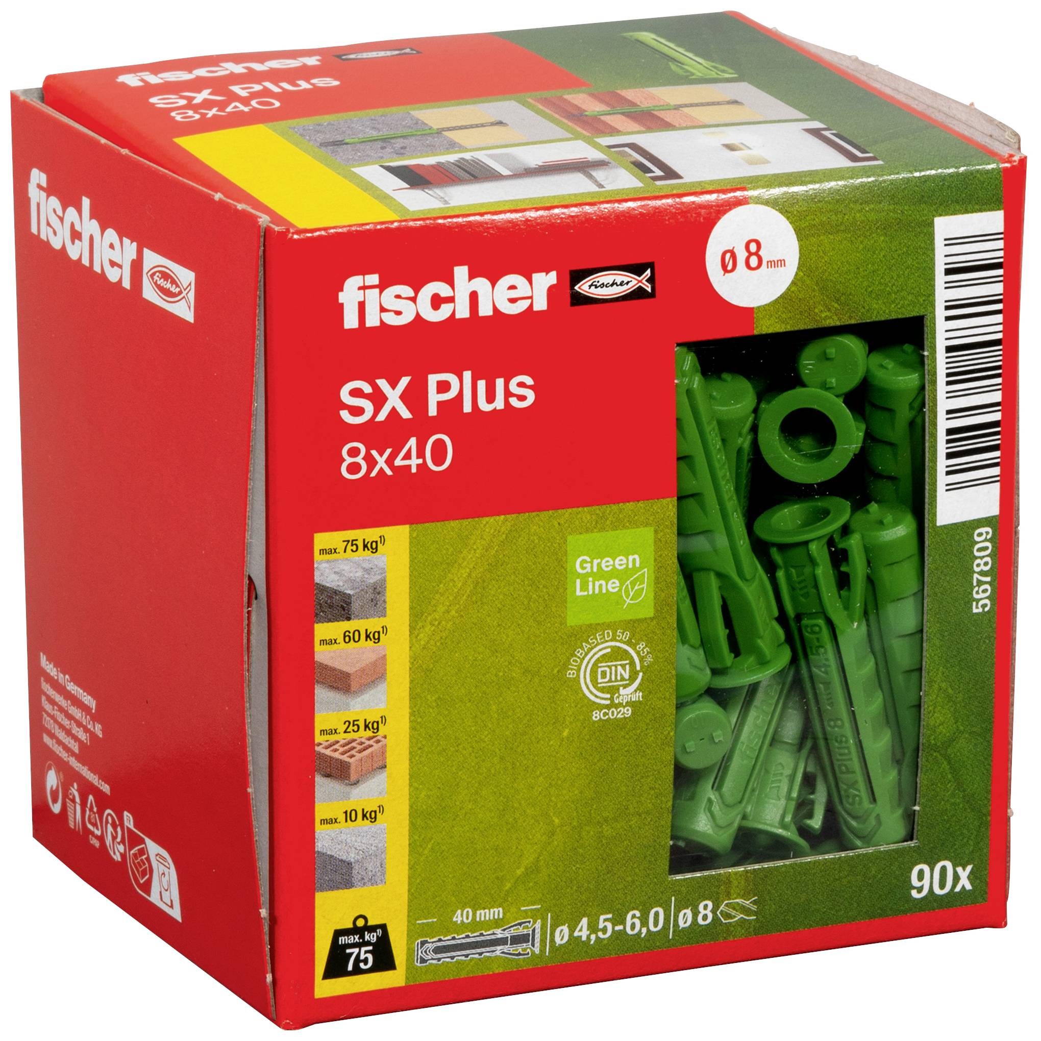 Dübel Fischer SX Plus 8x40, grün, geeignet für Mauerwerk und Beton, 90 Stück, im Karton verpackt, etwa 0,8 kN Zugkraft.