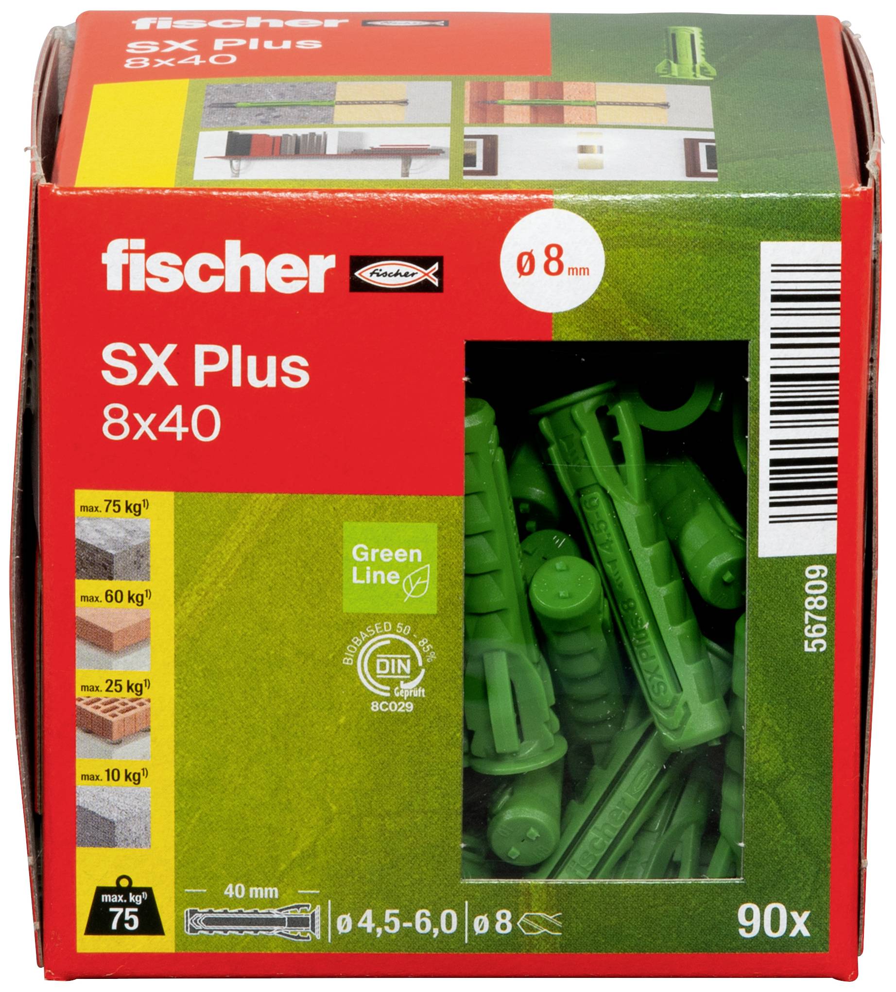 Kartonverpackung von Dübeln der Marke Fischer, Modell SX Plus, Größe 8x40 mm, enthält 90 Stück. Abgebildet sind grüne Dübel.