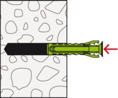 Der Abbildung zeigt einen grünen Dübel, der in eine betonähnliche Wand eingeführt ist. Ein roter Pfeil zeigt auf das hintere Ende des Dübels.