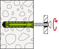 Illustration zeigt eine Schraube und Dübel in einer Wand, Schraube wird gedreht. Geeignet zur Befestigung.