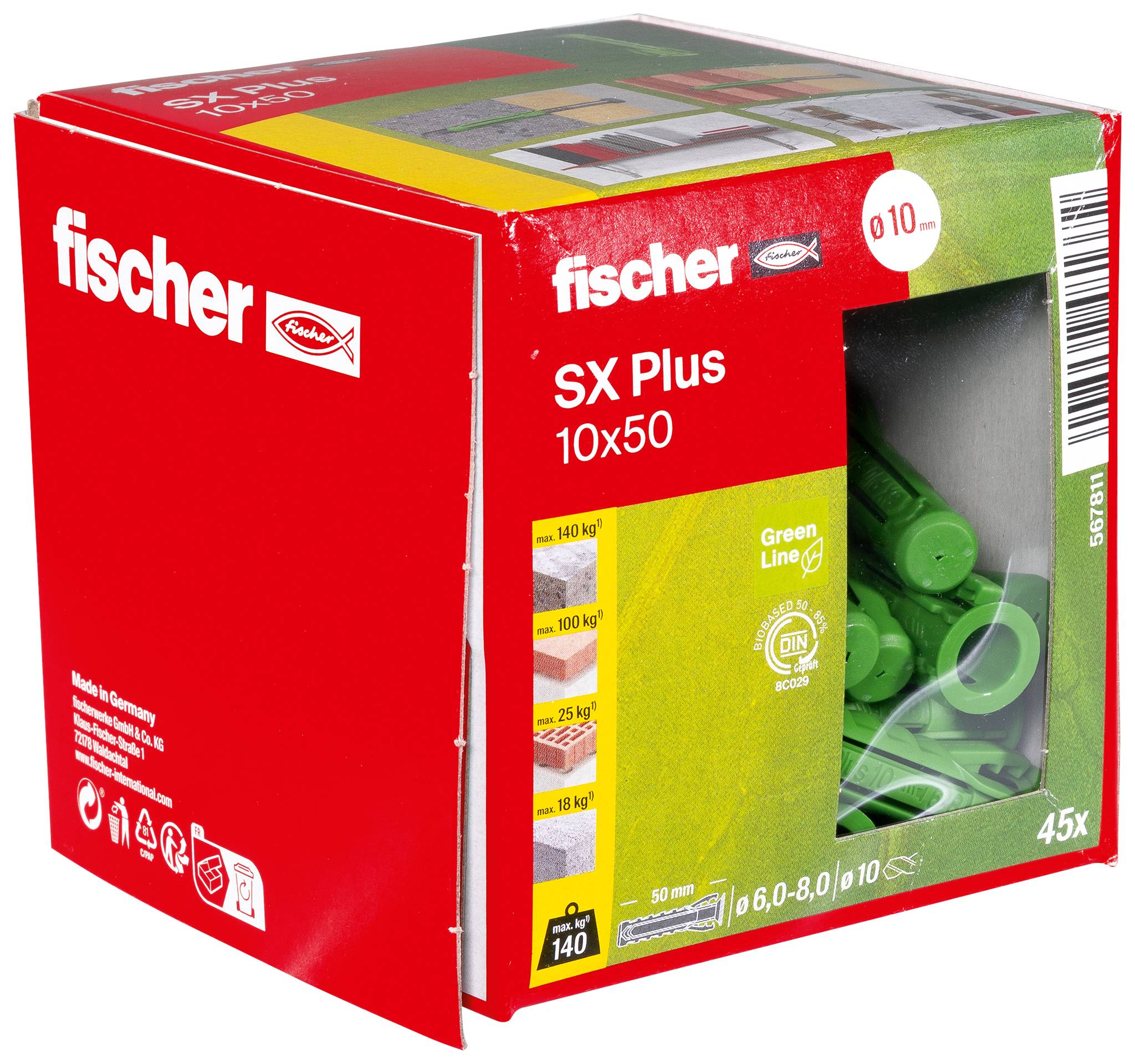 Red Fischer SX Plus 10x50 Wandsteckerdose mit grünen Dübeln, die durch das vordere Fenster sichtbar sind, beschriftet mit '45x' und '10 mm'.