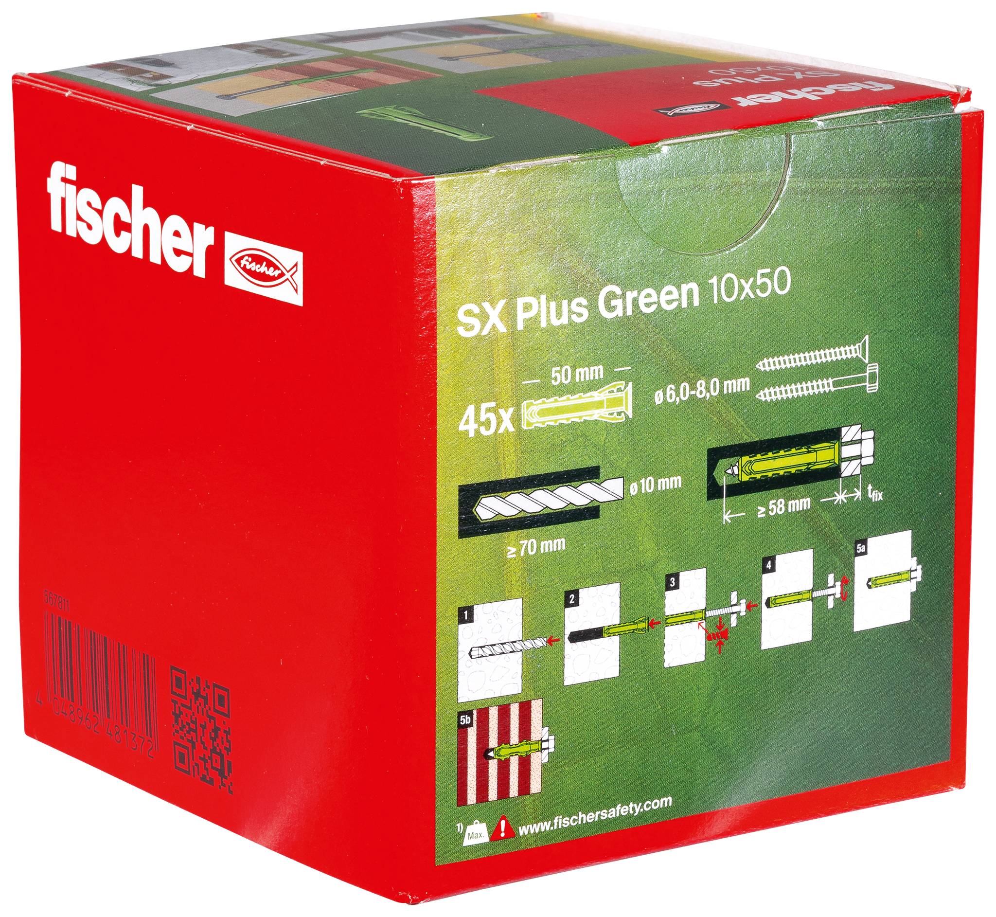 Eine rote Verpackung von Fischer mit der Aufschrift 'SX Plus Green 10x50', zeigt Produktbilder und Maße, enthält 45 Stück.