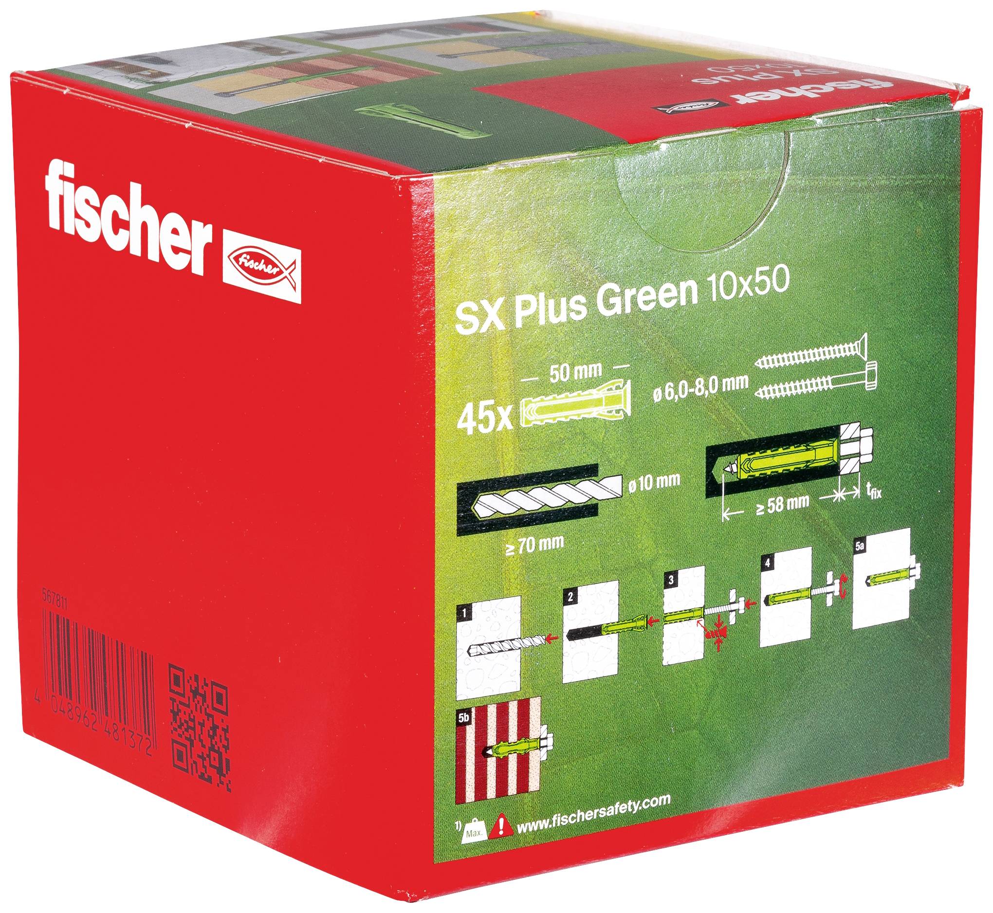 Eine rote Verpackung von Fischer mit der Aufschrift 'SX Plus Green 10x50', zeigt Produktbilder und Maße, enthält 45 Stück.