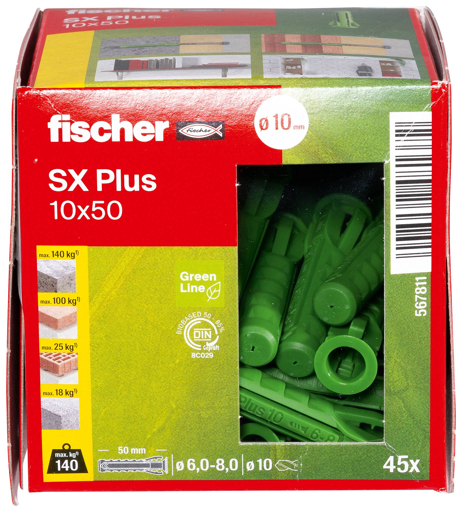Auf dem Bild ist eine Packung Fischer SX Plus Dübel 10x50 mm, 45 Stück, abgebildet. Geeignet für Lasten bis 140 kg und aus grüner Linie.