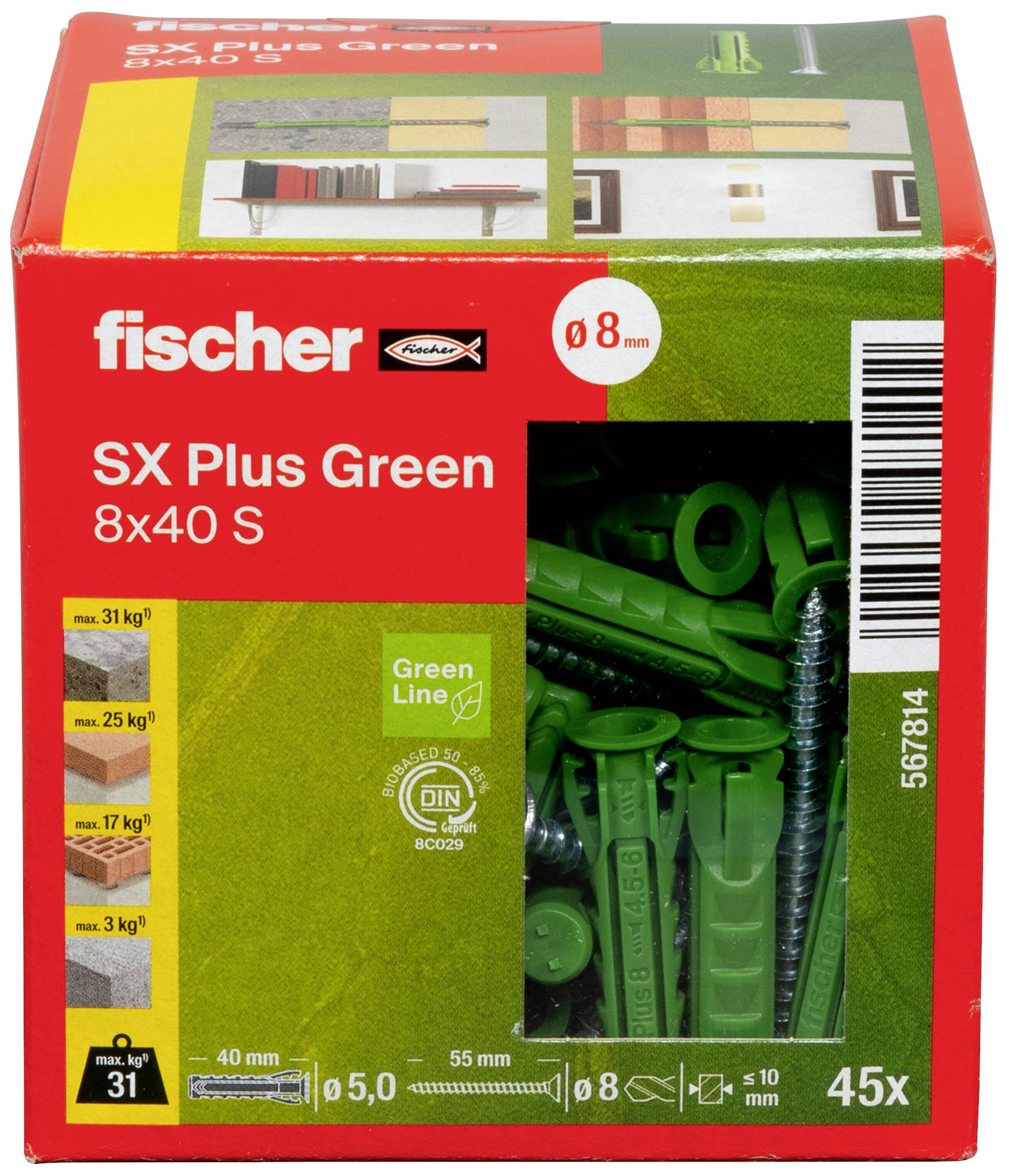 Eine Schachtel Fischer SX Plus Green 8x40 S Dübel. Sie zeigt Dübel, Schrauben und Symbole für Tragfähigkeit und Größe.