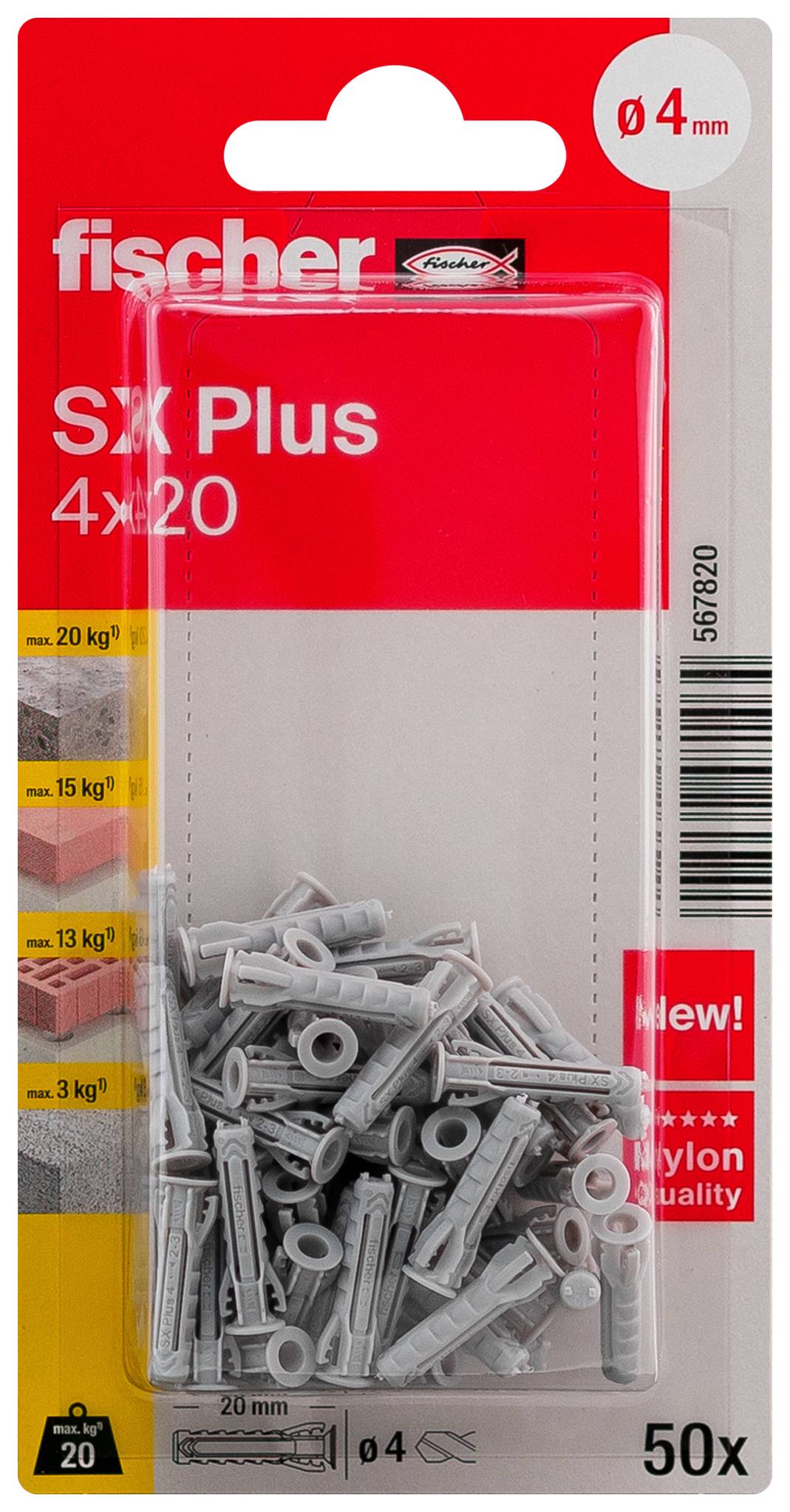 Ein weißer Kunststoffdübel mit der Aufschrift 'fischer'. Er hat mehrere Rippen und Flügel für sicheren Halt in der Wand.