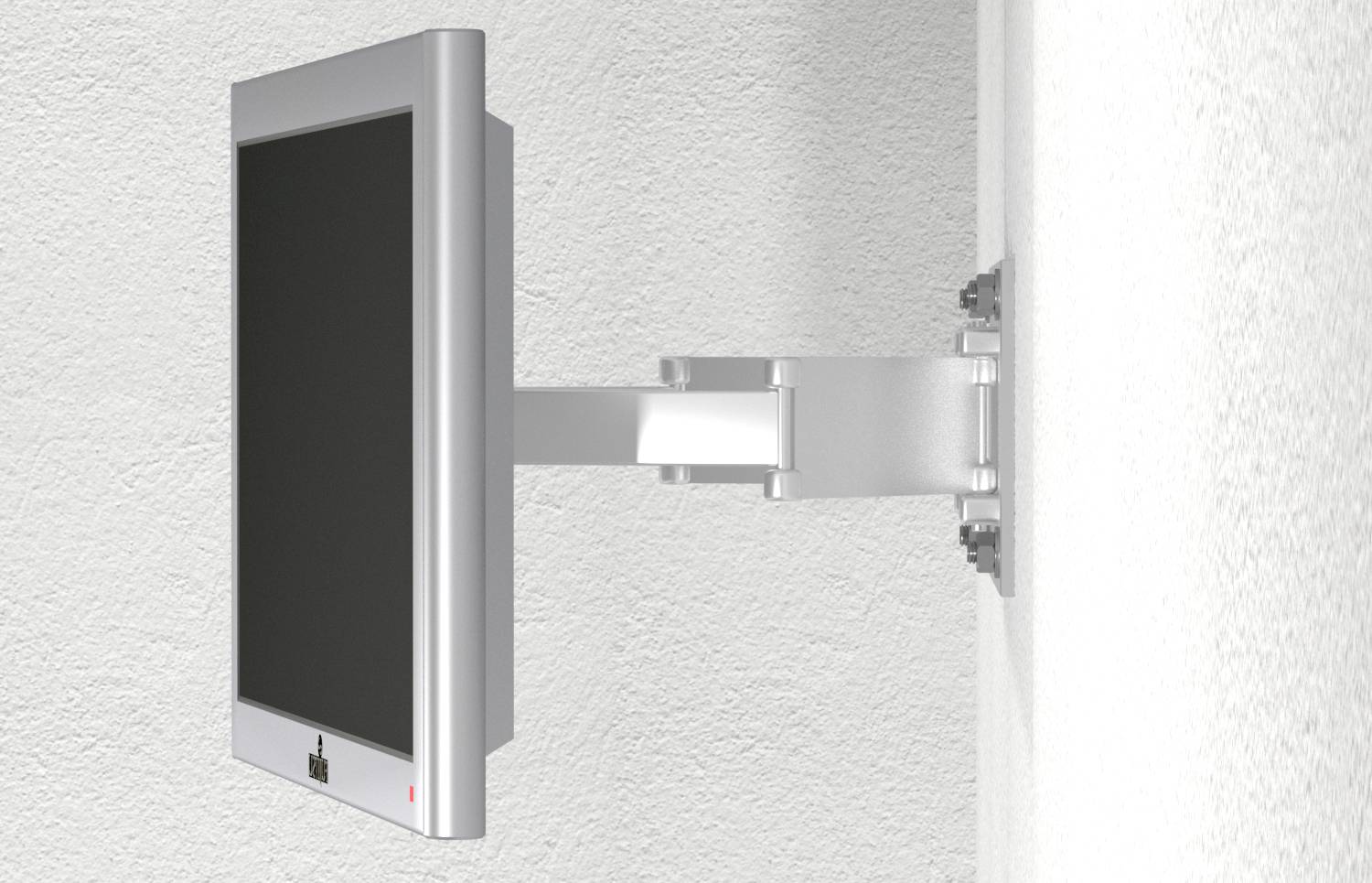 Ein flacher Monitor in einer silbernen Halterung ist an einer weißen Wand montiert und kann durch einen beweglichen Arm eingestellt werden.