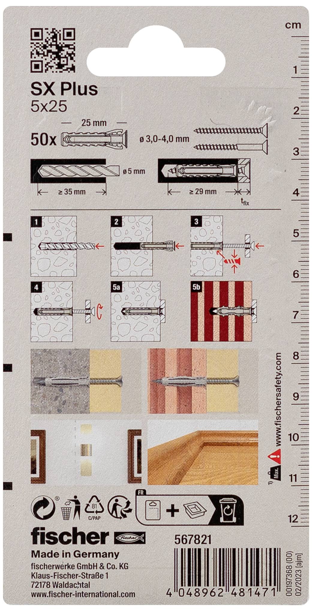 Produktverpackung von SX Plus 5x25 Dübel. Abbildungen zeigen Anweisung zur Installation in Wänden. Hergestellt in Deutschland.