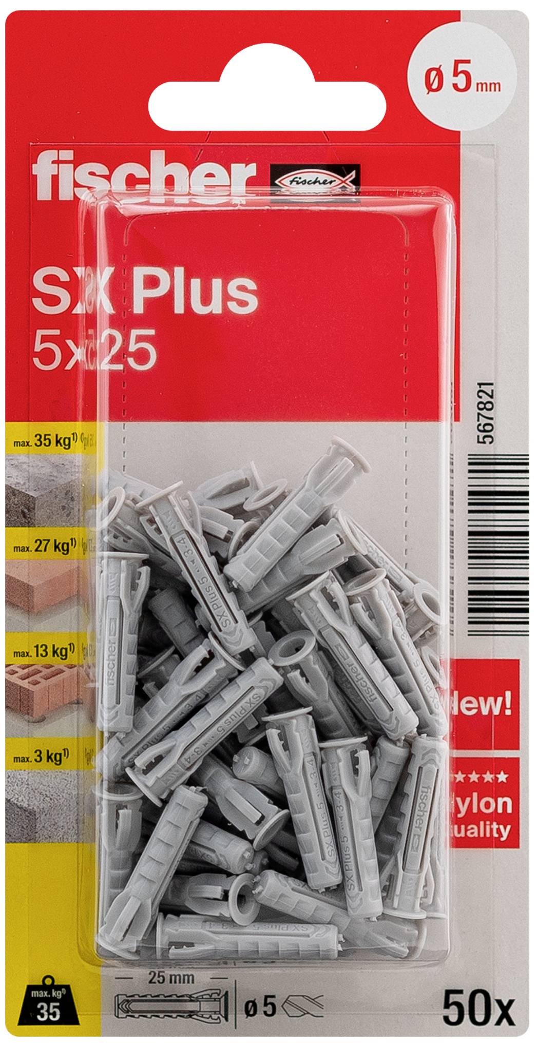 Verpackung von Fischer SX Plus Dübel, Größe 5x25 mm, 50 Stück. Geeignet für Belastungen bis 35 kg in Beton. Produktbild.