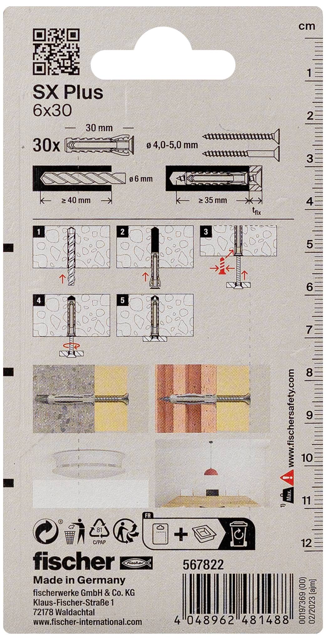 Verpackungsrückseite von Fischer SX Plus Dübeln. Zeigt Montageanleitung in sechs Schritten, passende Schraubengrößen und Herstellerinformationen.