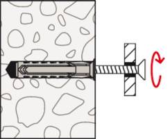 Illustration eines Dübels in einer Wand mit Schraube; zeigt den Drehmechanismus zum Anziehen der Schraube.