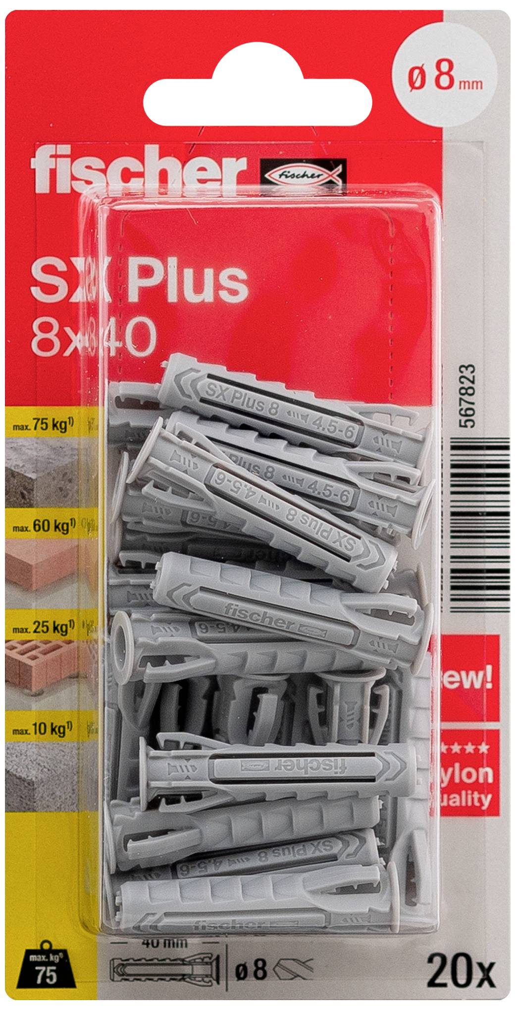 Packung mit grauen Fischer Sx Plus 8x40mm Dübeln, geeignete Lasten bis 75kg, 20 Stück.