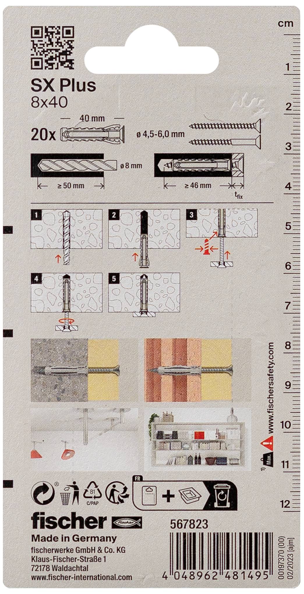 Verpackungsrückseite von Fischer SX Plus 8x40 mit Anleitungen zur Installation von Dübeln und Schrauben in verschiedenen Materialien.