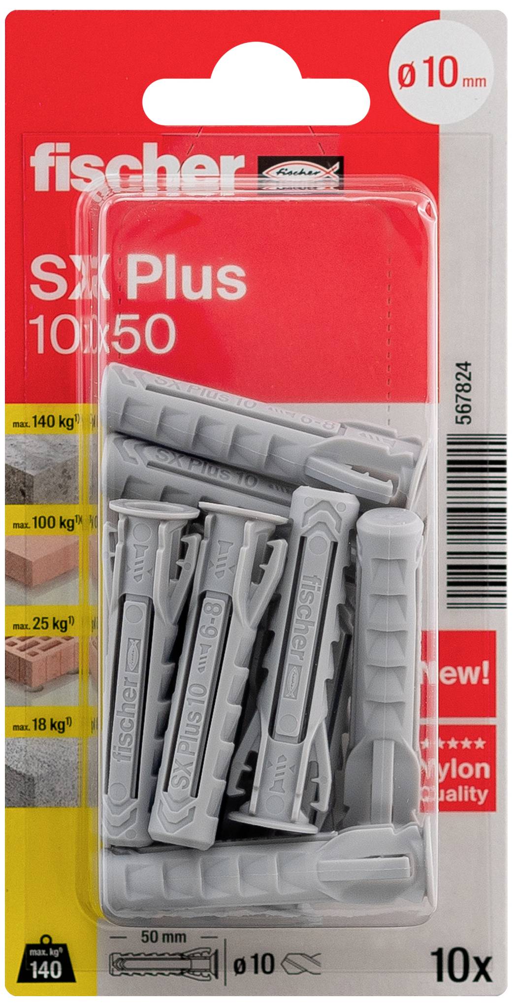 Dübel-Set Fischer Sx Plus 10x50 mm, geeignet für Beton und Mauerwerk, Tragfähigkeit bis 140 kg. Verpackung zeigt rote und graue Farbtöne.