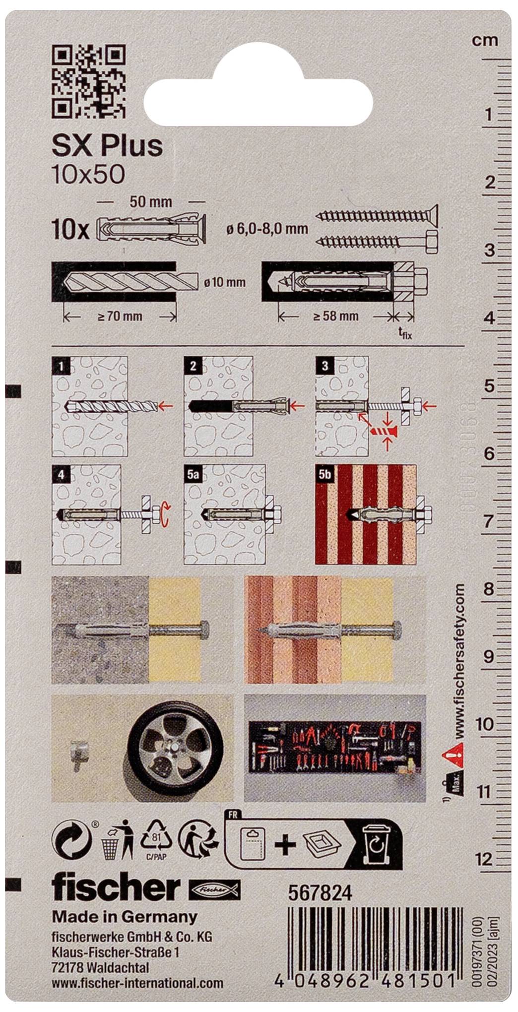 Anleitung zur Montage von SX Plus 10x50 Dübeln. Zeigt Bohrtiefe, Materialien, Einbauschritte und Sicherheitshinweise. Von Fischer.