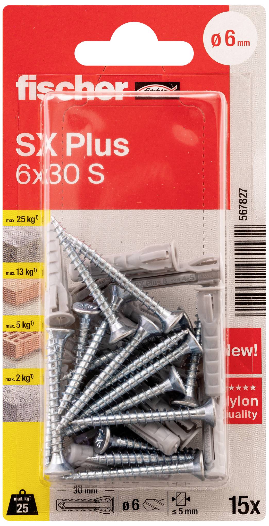 Eine Packung mit 15 Fischer SX Plus 6x30 S Dübeln und Schrauben, geeignet für Beton und Mauerwerk. Maximale Tragfähigkeit bis 25 kg.