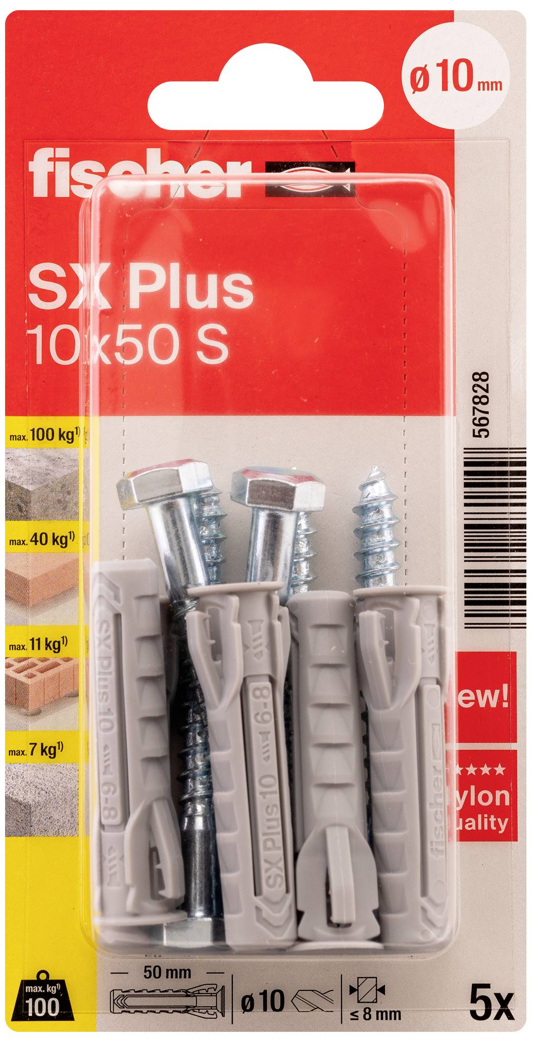 Fünf graue Dübel 'SX Plus 10x50 S' und passende Schrauben von Marke 'fischer'; für bis zu 100kg Last. Enthält Montagehinweise.