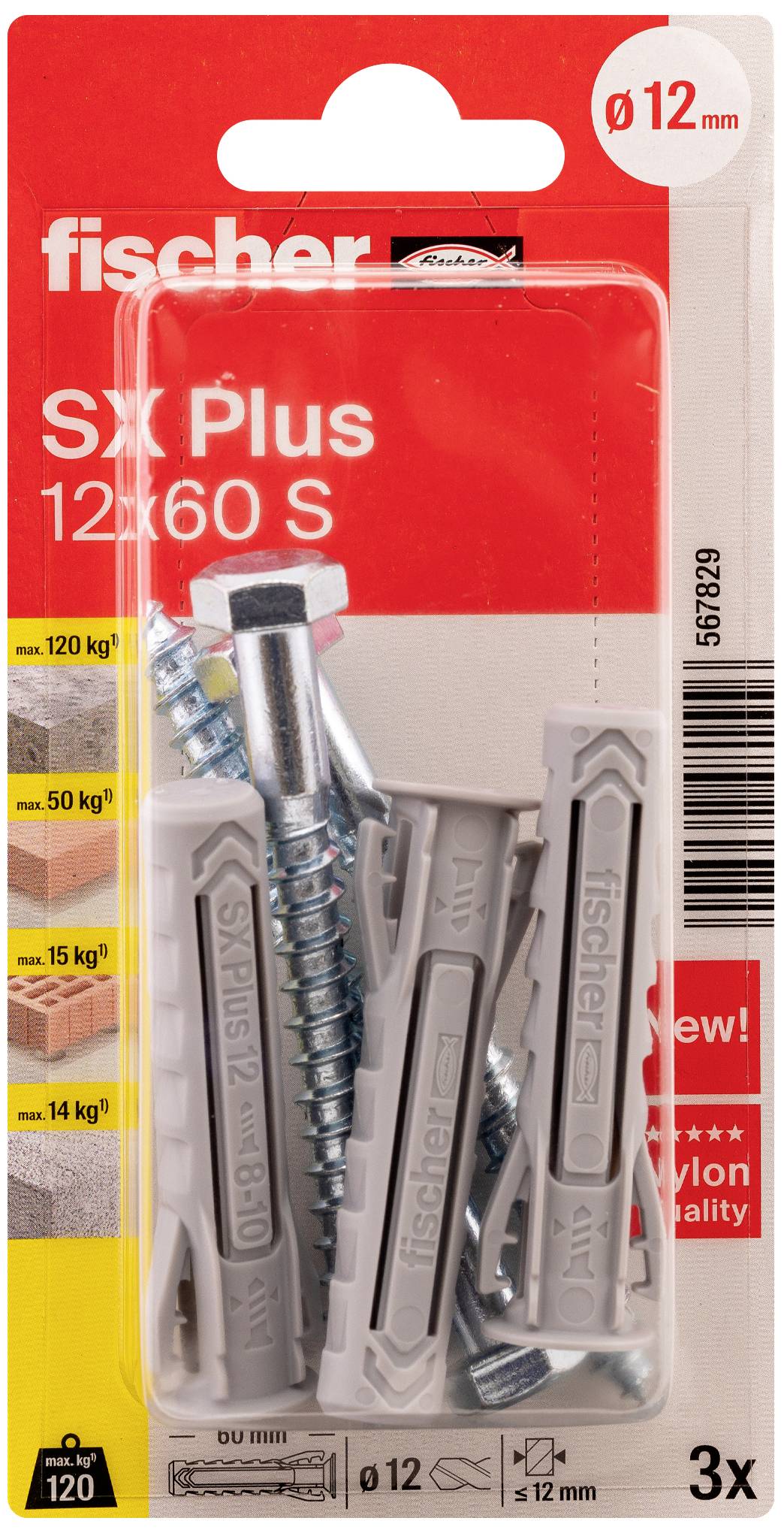 Packung mit drei grauen Dübeln und Schrauben von Fischer, Modell 'SX Plus 12x60 S', geeignet für unterschiedliche Materialgewichte bis 120 kg.
