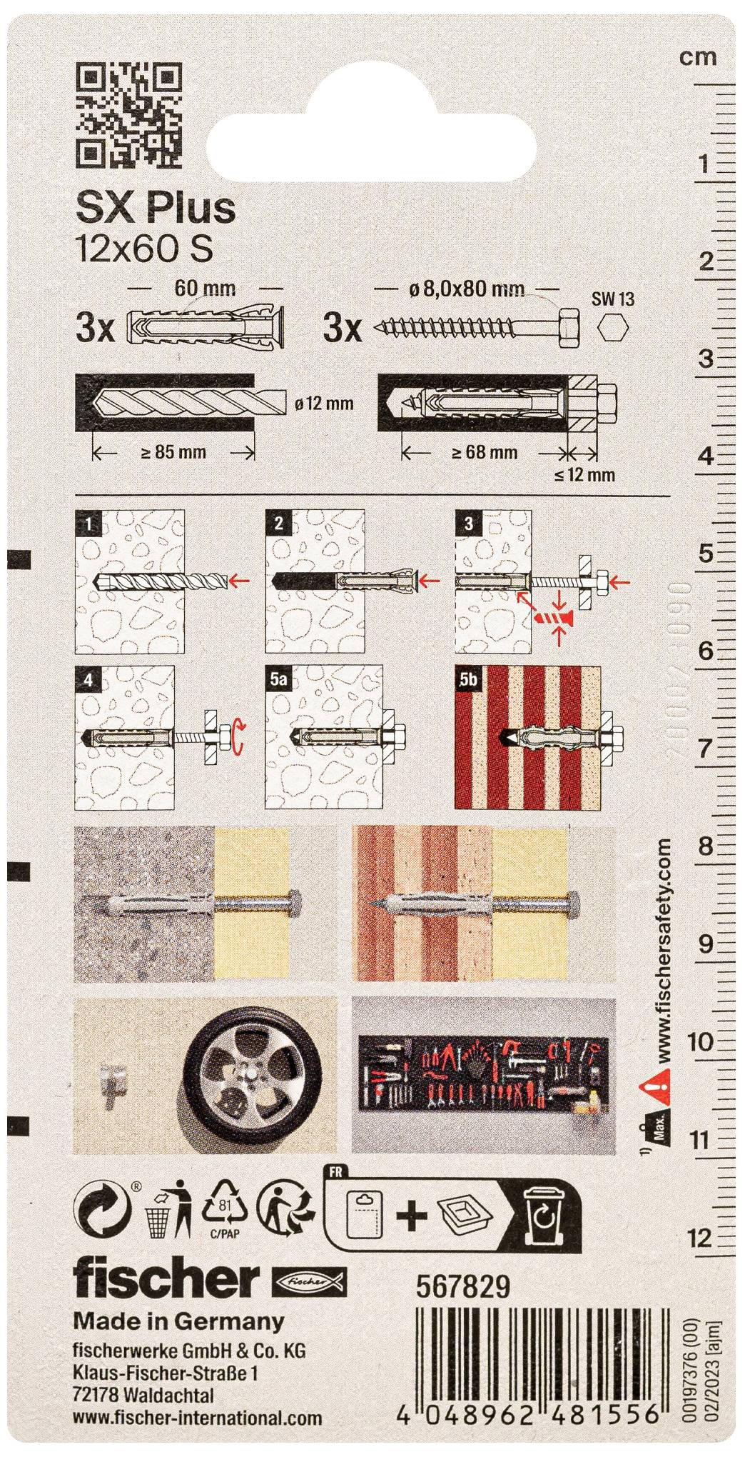 Verpackung von Fischer-Dübeln, Modell 'SX Plus 12x60 S' mit Anleitungen zur Installation. Enthält drei Dübel mit Schrauben und Bilder der Anwendung.