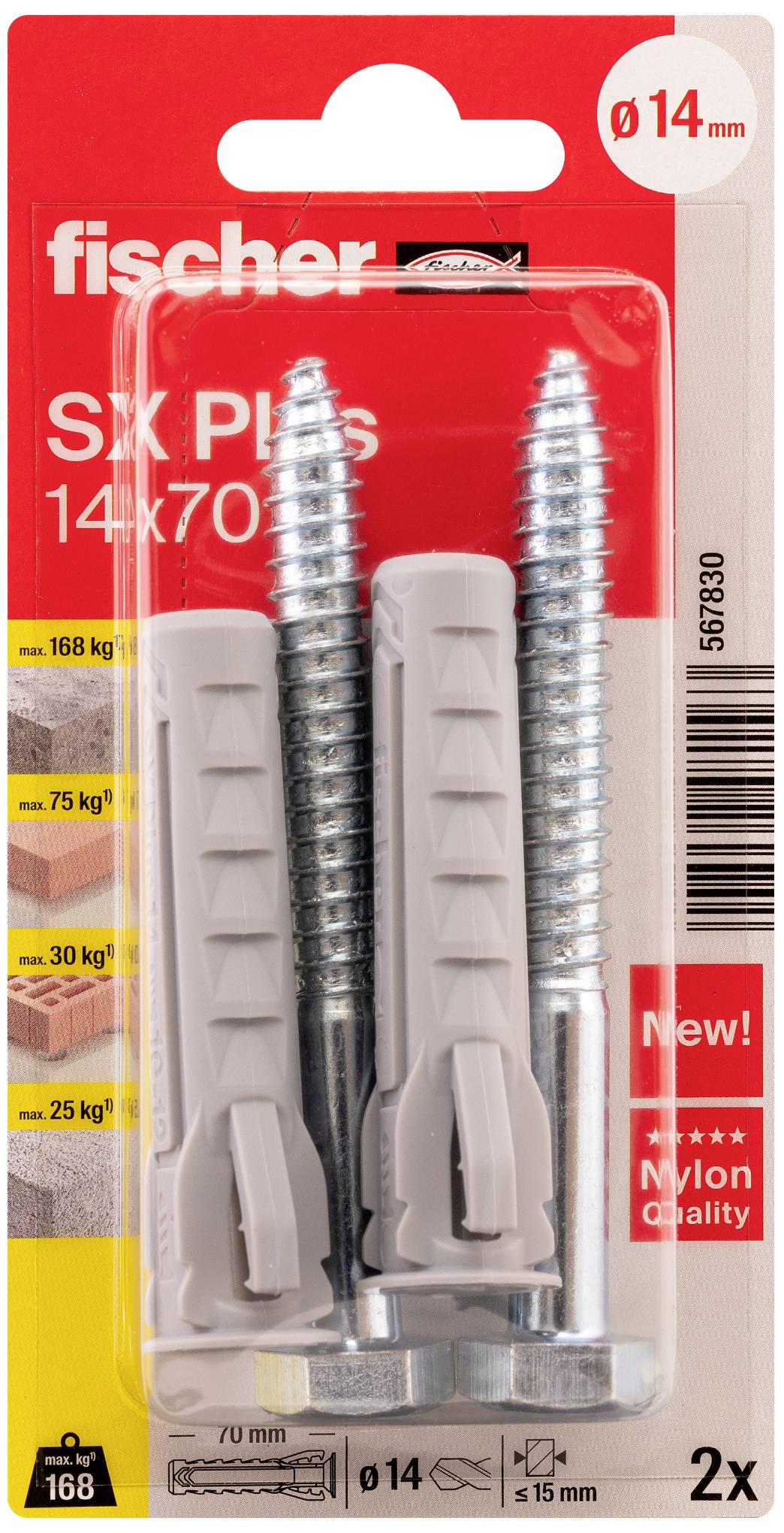 Zwei graue Dübel und Schrauben in einer Blisterverpackung mit rotem Hintergrund, Markenname oben, Lastangaben seitlich.