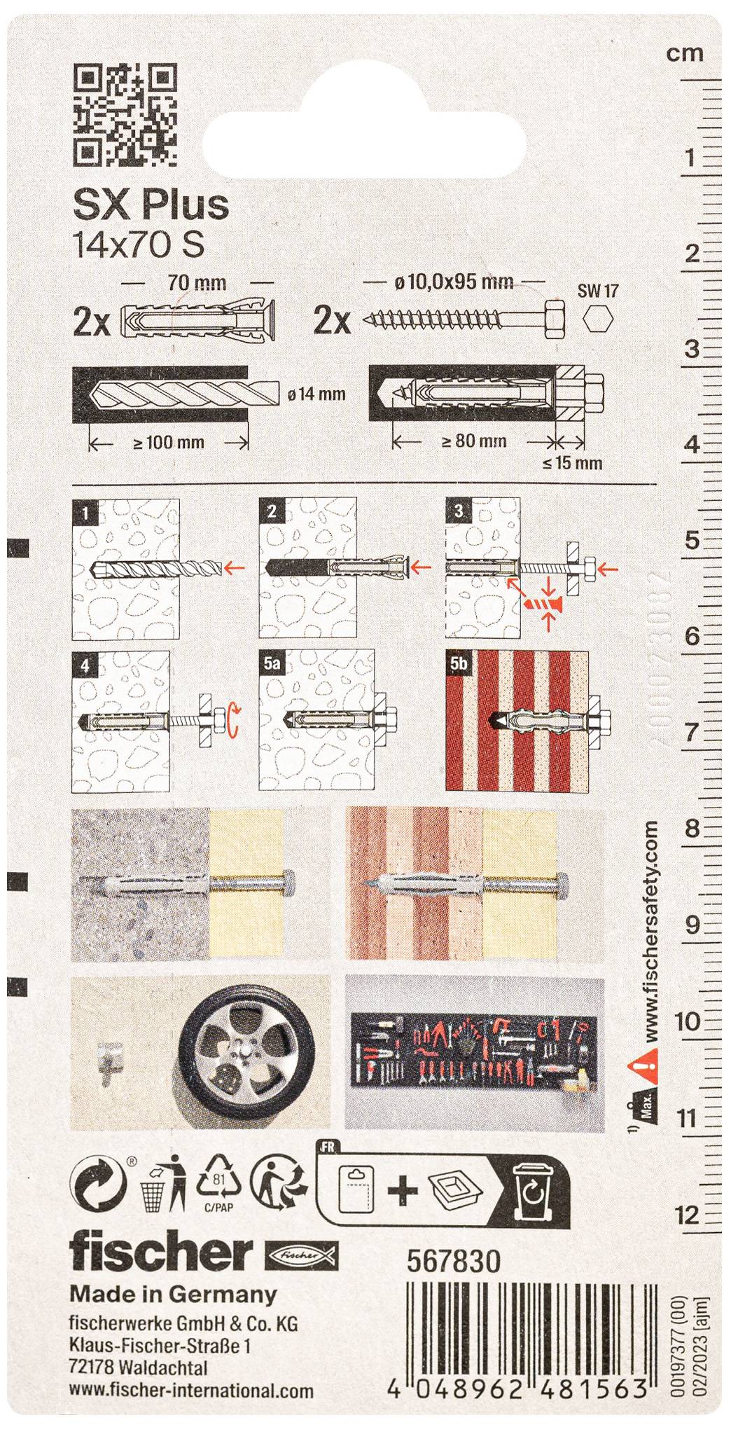 Verpackungsrückseite zeigt Montageanleitung für Fischer SX Plus Dübel: Bohren, Dübel einsetzen, Schraube anziehen. Made in Germany.