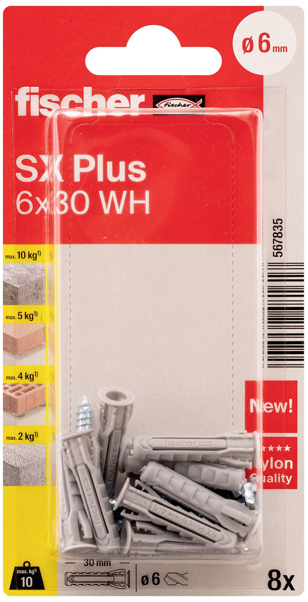 Packung mit Fischer SX Plus 6x30 WH Dübeln und Schrauben. Geeignet für Belastungen bis 10 kg. 8 Teile, Ø6 mm.