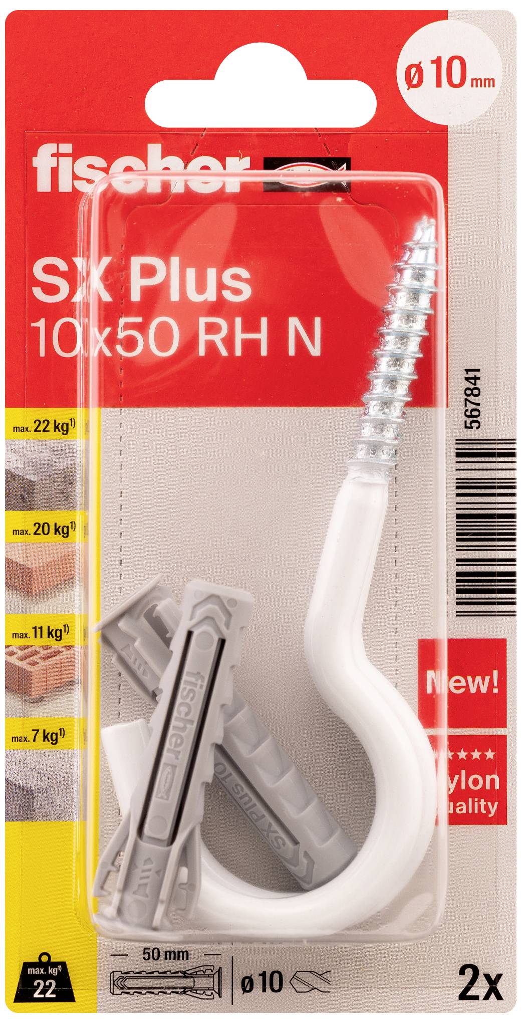Verpackung eines Fischer SX Plus 10x50 RH N Sets mit Dübel und Haken. Belastungsdiagramm zeigt unterschiedliche Gewichte für verschiedene Materialien.