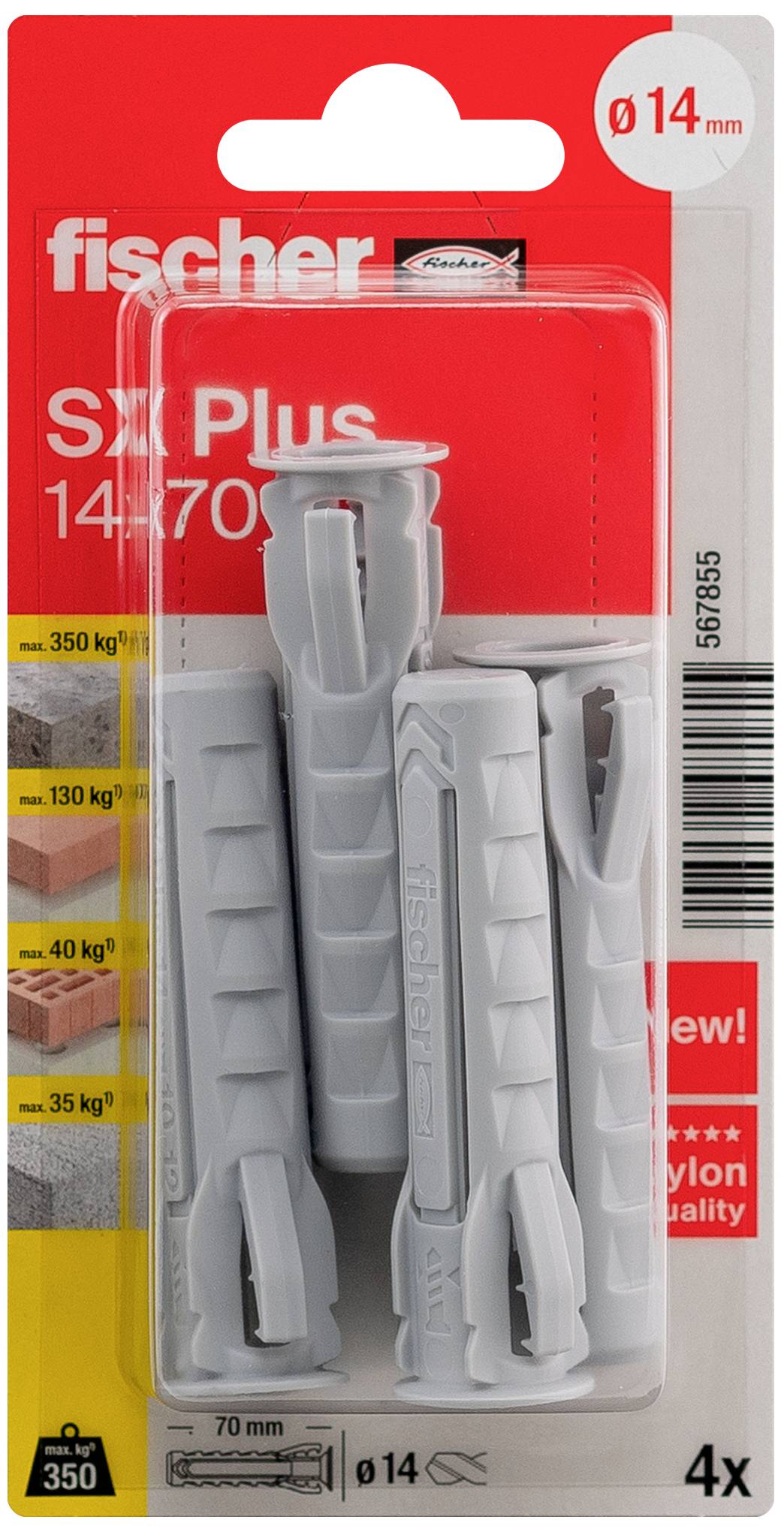 Fischer SX Plus Dübel 14x70 mm, geeignet für Befestigungen bis 350 kg. Verpackung mit 4 Stück in grauer Farbe, nylonverstärkt.