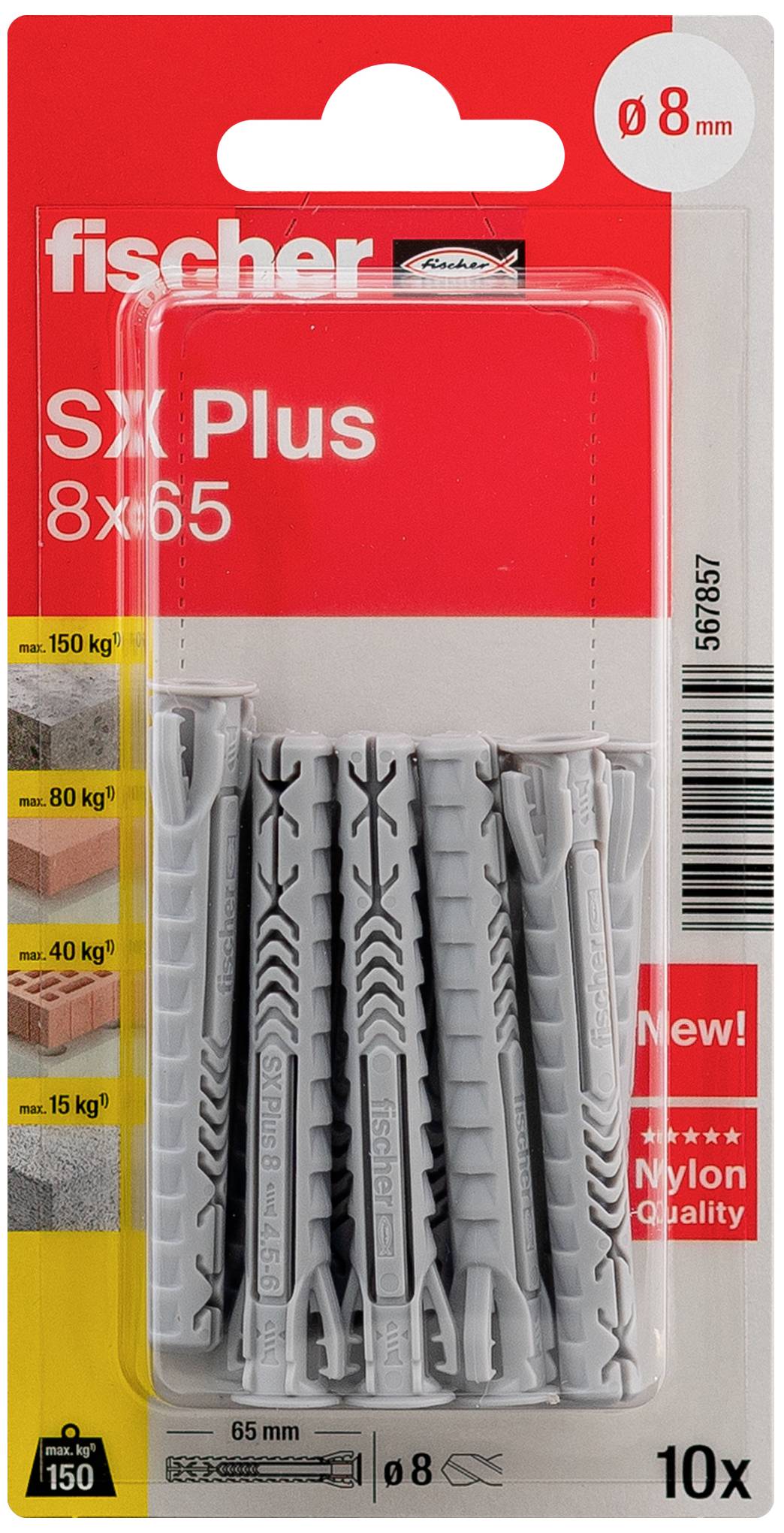 'Fischer SX Plus 8x65' Dübelpackung, geeignet für 8 mm Bohrlöcher. Empfohlene Traglasten: 150 kg in Beton, 40 kg in Vollziegel, 20 kg in Lochziegel. Enthält 10 Stück.