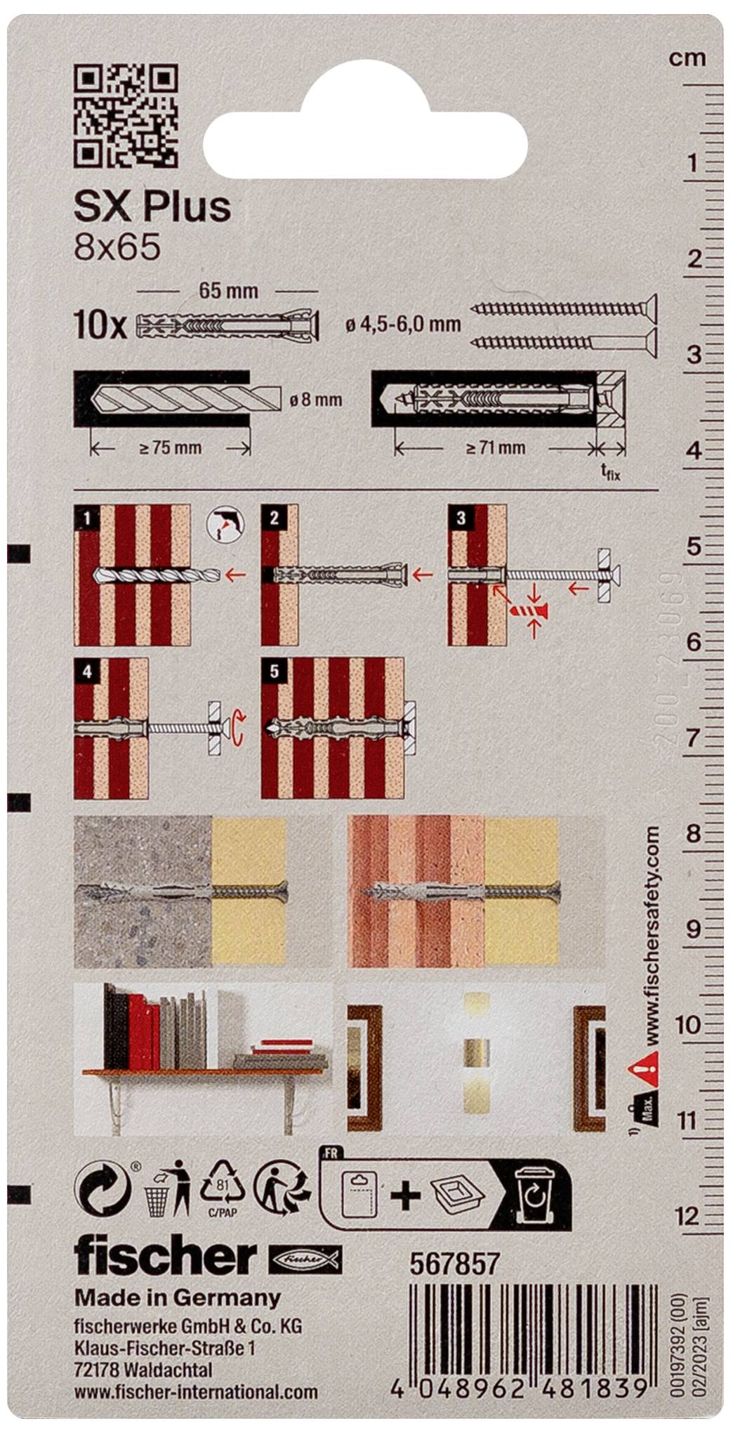 Verpackung eines 'Fischer SX Plus 8x65' Dübels mit Anwendungsbildern, Anleitungen und Maßinformationen. Made in Germany.