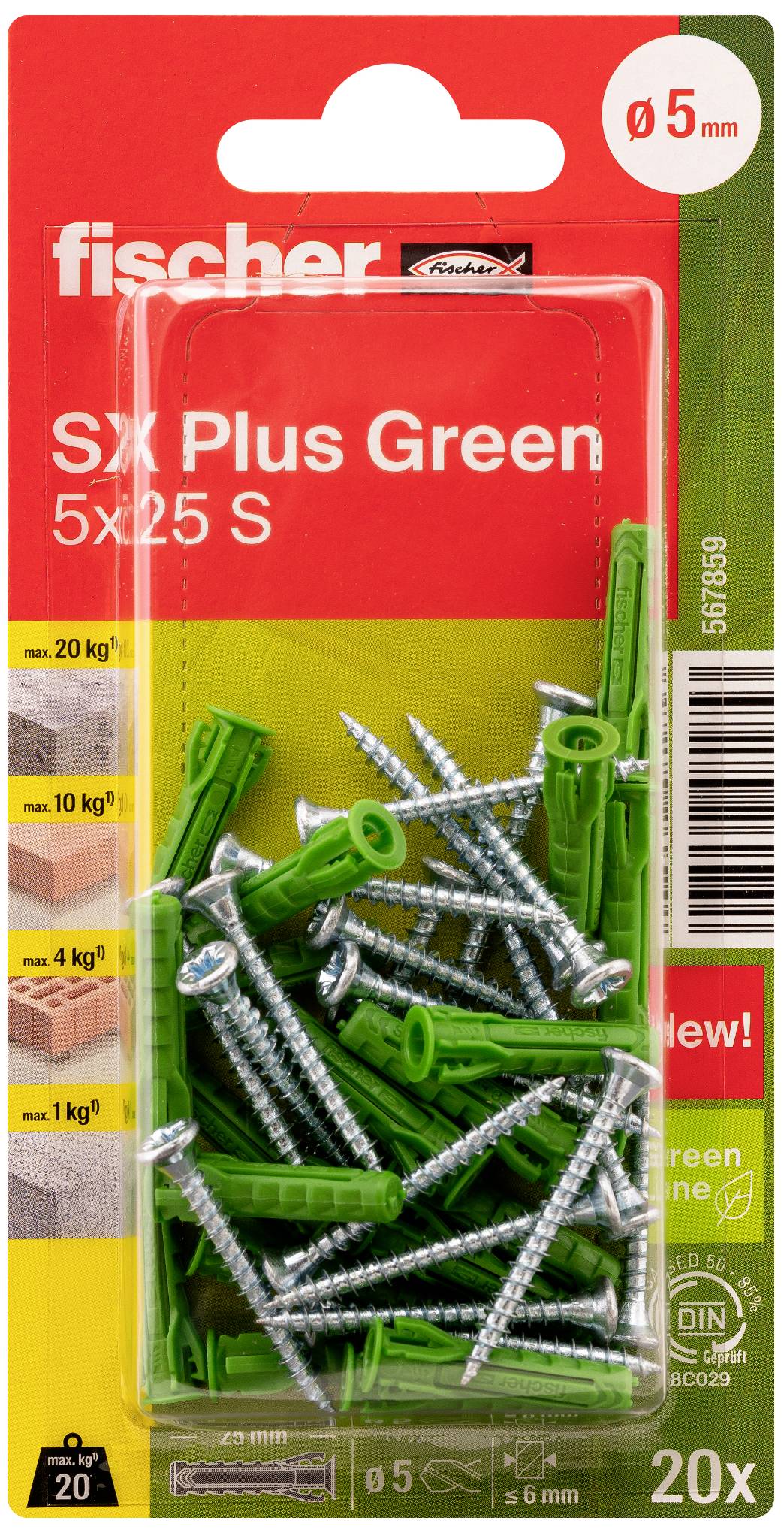 Schachtel mit grünen Dübeln und Schrauben der Marke Fischer, Größe 5x25 mm, geeignet für Lasten von 4 kg bis 20 kg, 20 Stück.