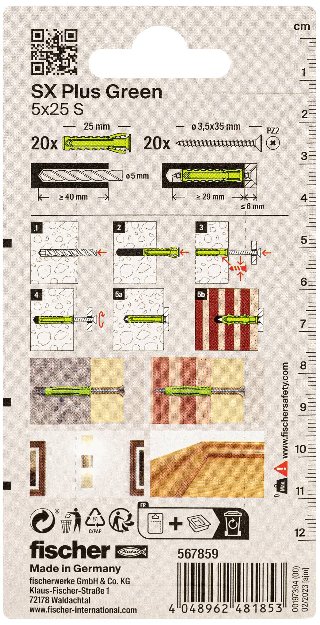 Verpackung eines S-Dübel-Systems, zeigt Installationsschritte mit Grafiken: Loch bohren, Dübel einsetzen, Schraube anziehen. Maße: 5x25 mm.