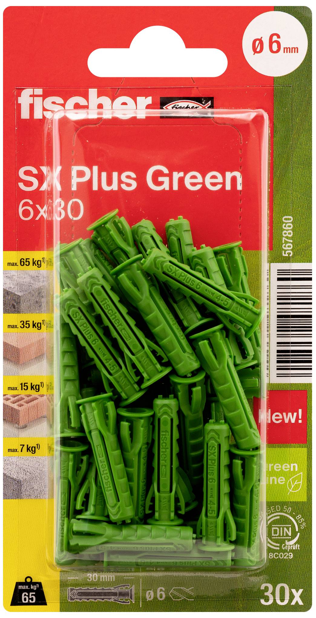 'Fischer SX Plus Green 6x30' Dübel in grün, 30 Stück, für Lasten bis 65 kg geeignet. Verpackung zeigt Anwendungsbereiche und Durchmesserangabe.